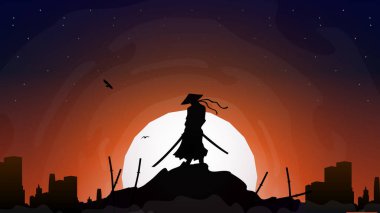Gece arkaplanındaki bir samurayın silueti. Kılıçlı Japon samuray savaşçısı. Dolunay duvar kağıdıyla samuray. Savaşta kazanan bir samurayın resmi..