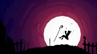 Uçan cadı kitap okuyor. Bir cadının silueti. Ayın Altında Cadı Gece ve Karanlık Gün. Sihirli değnekli cadı.