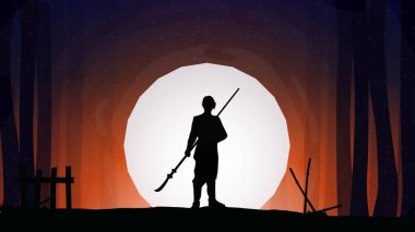 Mızraklı şövalye. Geceleyin dolunay çizimi. Gece karanlığında mızrakçı. Gece arkaplanındaki mızrak ustasının silueti. Mızrakçı Dolunay Duvar Kağıdı.