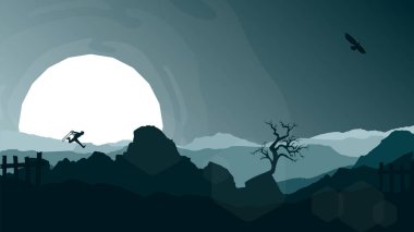 Samuray iki kılıçla kaçtı. Savaşa giden bir samurayın resmi. Dağlı bir manzara. Samuraylar saldırmak için koşuyor. Samuray duvar kağıdı.