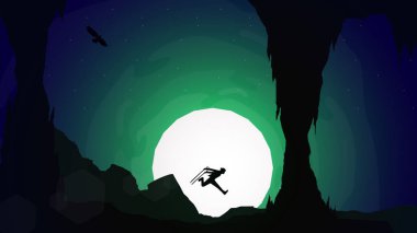 Samuray iki kılıçla kaçtı. Samuray çocuk anime duvar kağıdı. Masaüstü için mağara duvar kağıdı. Savaşa giden bir samurayın resmi..