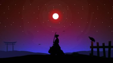 Bayan samuray. Gece arkaplanındaki bir samurayın silueti. Kadın silueti. Kılıçlı Japon samuray savaşçısı. Samuray duvar kağıdı. Japonya temalı arkaplan.