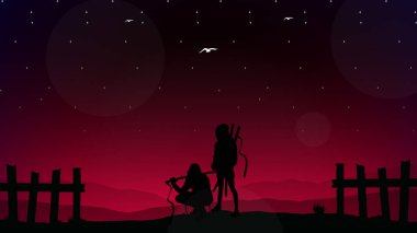 Japon temalı arka plan. Şehir Samuray duvar kağıdı. Gece ormanında birkaç samurayın silueti. Kılıçlı Japon samuray savaşçısı.. 