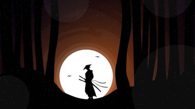 Gece arkaplanındaki bir samurayın silueti. Kılıçlı Japon samuray savaşçısı. Samuray duvar kağıdı. Japonya temalı arkaplan.