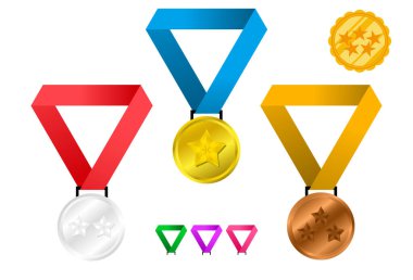 Altın, gümüş ve bronz madalyalar. Ödül madalyaları. Kurdeleli şampiyonluk madalyası. Şampiyon ödüllü metal madalya. Kurdeleli madalya.