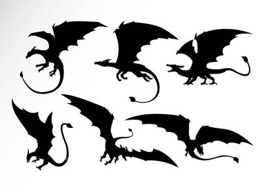 Ejderha silueti. Ejderha siluetinin taşıyıcısı. Siyah Ejderha silueti. mitoloji Hayvan.