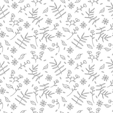 Çiçeksiz desenli arka plan. Doodle kusursuz bir iz bırakıyor. Doğa kusursuz desen. Kumaş. Çiçekler ve yapraklarla kusursuz desen.