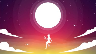 Uçan cadı fantezi geçmişi. yüzen cadı fantezi duvar kağıdı. Dolunay arkaplanlı siluet cadı. Peyzaj fantazisi sihirli duvar kağıdı.