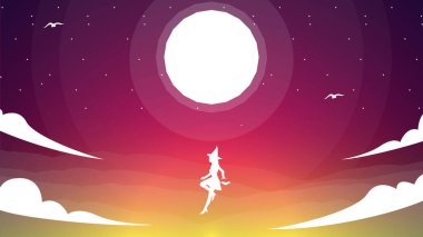 Uçan cadı fantezi geçmişi. yüzen cadı fantezi duvar kağıdı. Dolunay arkaplanlı siluet cadı. Peyzaj fantazisi sihirli duvar kağıdı.