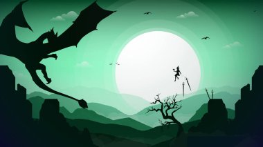 Cadı ejderha illüstrasyonuna karşı. Elinde sihirli kitapla uçan cadı. dağ arkası. Kılıçla dövüş. Mitolojik hayvanlı fantezi duvar kağıdı.