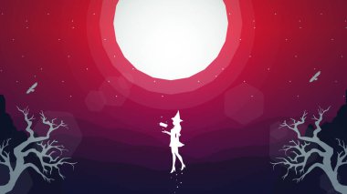 Uçan cadı fantezi geçmişi. yüzen cadı fantezi duvar kağıdı. Dolunay arkaplanlı siluet cadı. Peyzaj fantazisi sihirli duvar kağıdı.