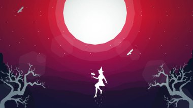 Uçan cadı fantezi geçmişi. yüzen cadı fantezi duvar kağıdı. Dolunay arkaplanlı siluet cadı. Peyzaj fantazisi sihirli duvar kağıdı.