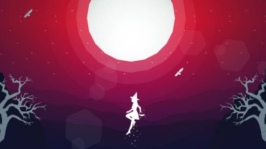 Uçan cadı fantezi geçmişi. yüzen cadı fantezi duvar kağıdı. Dolunay arkaplanlı siluet cadı. Peyzaj fantazisi sihirli duvar kağıdı.