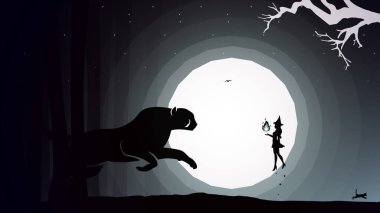 Uçan cadı fantezi geçmişi. yüzen cadı fantezi duvar kağıdı. Dolunay arkaplanlı siluet cadı. Peyzaj fantazisi sihirli duvar kağıdı.