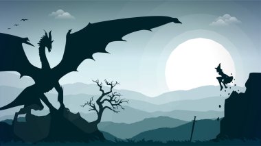 Cadı ejderha illüstrasyonuna karşı. Elinde sihirli kitapla uçan cadı. dağ arkası. Kılıçla dövüş. Mitolojik hayvanlı fantezi duvar kağıdı.