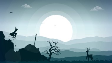 Uçan cadı fantezi geçmişi. yüzen cadı fantezi duvar kağıdı. Dolunay arkaplanlı siluet cadı. Peyzaj fantazisi sihirli duvar kağıdı.