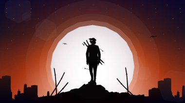 Gece arkaplanındaki bir samurayın silueti. Masaüstü için Japon samuray duvar kağıdı. Dolunay duvar kağıdıyla Samuray.