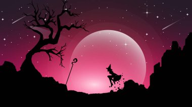 uçan cadı ve değnek. Bir cadının silueti. Ayın Altında Cadı Gece ve Karanlık Gün. Sihirli değnekli cadı.