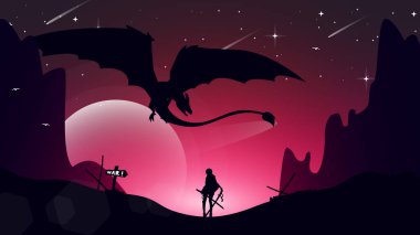 Samuray kız anime duvar kağıdı. Samuray kız ejderha çizimine karşı. Saldırmak için kılıç tutan dişi samuraylar. peyzaj fantezi duvar kağıdı.