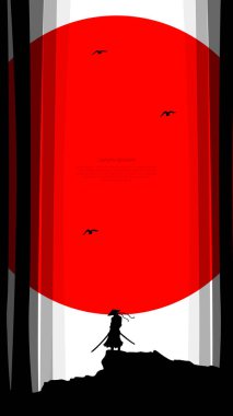 Samuray geçmişinin silueti. Kızıl ay duvar kağıdıyla samuray. Kılıçlı Japon samuray savaşçısı. Japon temalı duvar kağıdı. Kızıl Ay. dikey izleme arkaplanı.