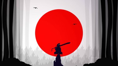 Kılıçlı Japon samuray savaşçısı. Kadın şehir samuray duvar kağıdı. Gecenin bir yarısı bir insanın silueti. Kadın silueti. Japonya temalı arkaplan.