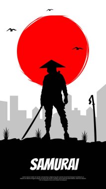 Kızıl ay duvar kağıdıyla samuray. Kılıçlı Japon samuray savaşçısı. Samuray geçmişi. Japon temalı duvar kağıdı. dikey izleme arkaplanı. Samuraylar kızıl ayın önünde..