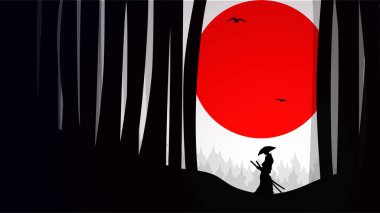 Kızıl ay duvar kağıdıyla Japon Samurayı. Kızıl Ay. Japon temalı duvar kağıdı. Gece arkaplanındaki bir samurayın silueti..