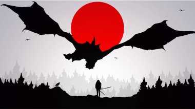 Saldırmak için kılıç tutan dişi samuraylar. Samuray kız anime duvar kağıdı. Samuray kız ejderha çizimine karşı. peyzaj fantezi duvar kağıdı. Kızıl ay duvar kağıdıyla samuray. Japonca temalı duvar kağıdı.