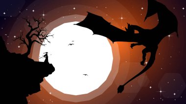 Samuray animasyon duvar kağıdı. Samuray ejderha illüstrasyonuna karşı. peyzaj fantezi duvar kağıdı. Japon temalı duvar kağıdı. gün batımı fantezi arka planı.