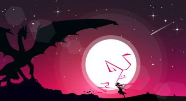 Saldırmak için kılıç tutan dişi samuraylar. Samuray kız anime duvar kağıdı. Samuray kız ejderha çizimine karşı. peyzaj fantezi duvar kağıdı.