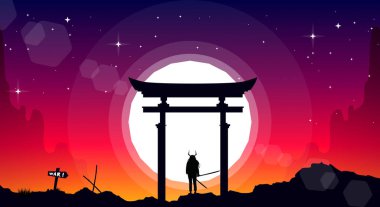 Geleneksel Japon kapısının önünde kılıç tutan dişi samuraylar. Samuray duvar kağıdı. peyzaj fantezi duvar kağıdı. Japon samuray temalı bir geçmişi var. Dişi samuraylarla dolu Torii kapısı.