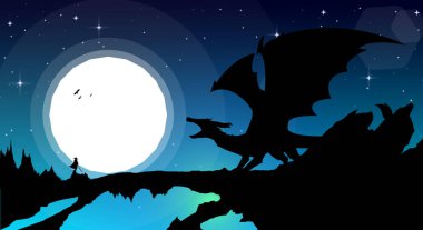 Samuray animasyon duvar kağıdı. Samuray ejderha illüstrasyonuna karşı. manzara mavi gökyüzü fantezi duvar kağıdı. Japonca temalı duvar kağıdı.