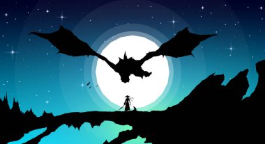 Saldırmak için kılıç tutan dişi samuraylar. Samuray kız anime duvar kağıdı. Samuray kız ejderha çizimine karşı. peyzaj fantezi duvar kağıdı.