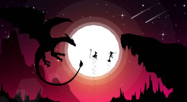 Samuray animasyon duvar kağıdı. Cadı ve ejderhalı samuraylar. Japon temalı duvar kağıdı. Mitolojik hayvanlarla dolu manzara fantezi duvar kâğıdı.