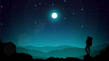 Maceracı bir yürüyüşçü. Sırt çantasıyla dağlarda yürüyüş yapan bir adam. Yıldızlı gece gökyüzü. Mavi gökyüzü HD duvar kağıdı. Yürüyüş silueti.