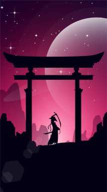 Samuray geçmişi. Japonya temalı arka plan. Samuray duvar kağıdı. Japon samuray geçmişi. Kılıçlı Japon samuray savaşçısı.. 