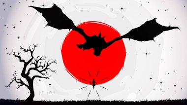 Cadı ejderhaya karşı. Kılıçlı cadı, ejderhaya karşı kırmızı ay duvar kâğıdı. Kızıl Ay. fantezi duvar kağıdı. Japon temalı duvar kağıdı. Kılıçlı uçan cadı.