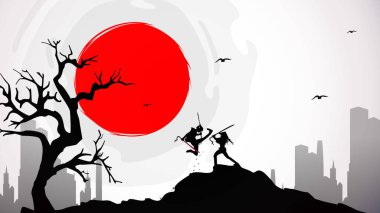 Kızıl ay duvar kağıdıyla samuray. Samuray duvar kâğıdı. Kılıç ustası düellosu. İki silahşör dövüşüyor. Samuray dövüşü. Düello. Japonca temalı arkaplan.