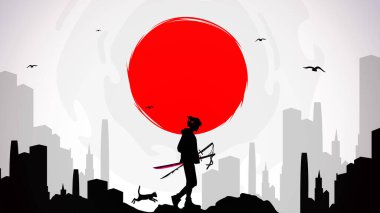 Gece arkaplanındaki bir samurayın silueti. Kılıçlı Japon samuray savaşçısı. Kızıl ay duvar kağıdıyla samuray. Kızıl Ay. Japonca temalı duvar kağıdı.
