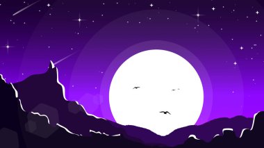 Dağ manzarası. Geceleri ay ve yıldızlarla birlikte dağ manzarası. Gece gökyüzü ay ve yıldız arkaplanlı. Masaüstü için dağ manzarası duvar kağıdı.