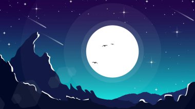 Dağ manzarası. Geceleri ay ve yıldızlarla birlikte dağ manzarası. Gece gökyüzü ay ve yıldız arkaplanlı. Masaüstü için dağ manzarası duvar kağıdı.