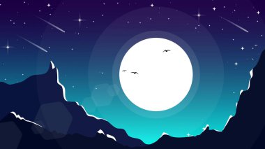 Dağ manzarası. Geceleri ay ve yıldızlarla birlikte dağ manzarası. Gece gökyüzü ay ve yıldız arkaplanlı. Masaüstü için dağ manzarası duvar kağıdı.