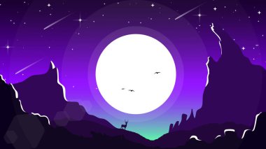 Dağ manzarası. Geceleri ay ve yıldızlarla birlikte dağ manzarası. Gece gökyüzü ay ve yıldız arkaplanlı. Masaüstü için dağ manzarası duvar kağıdı.