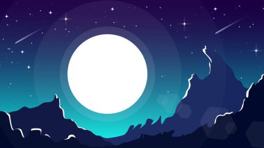 Dağ manzarası. Geceleri ay ve yıldızlarla birlikte dağ manzarası. Gece gökyüzü ay ve yıldız arkaplanlı. Masaüstü için dağ manzarası duvar kağıdı.