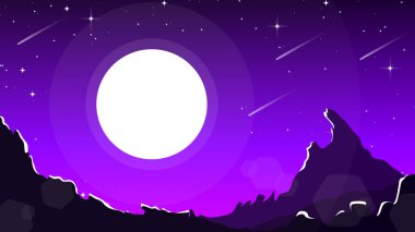 Dağ manzarası. Geceleri ay ve yıldızlarla birlikte dağ manzarası. Gece gökyüzü ay ve yıldız arkaplanlı. Masaüstü için dağ manzarası duvar kağıdı.