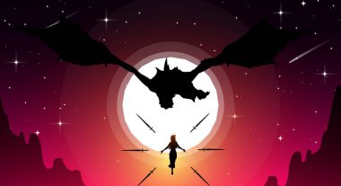 Kılıçlı cadı ejderhaya karşı. fantezi duvar kağıdı. Kılıçlı uçan cadı. Kılıçla dövüş. Mitolojik hayvanlı fantezi duvar kağıdı.