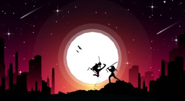 Dolunay duvar kağıdıyla samuray. Samuray duvar kâğıdı. Samuray dövüşü. Düello. Japonca temalı bir geçmiş. Kılıç ustası düellosu. İki silahşör dövüşüyor..