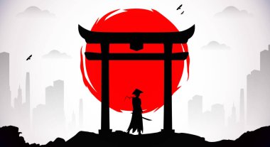 Kızıl ay duvar kağıtlı bayan samuray. şehir samuray duvar kâğıdı. Japon samuray geçmişi. Japonya temalı arkaplan.