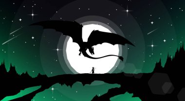 Samuray kız anime duvar kağıdı. Samuray kız ejderha çizimine karşı. peyzaj fantezi duvar kağıdı. Saldırmak için kılıç tutan dişi samuraylar..