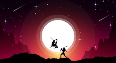 Dolunay duvar kağıdıyla samuray. Samuray duvar kâğıdı. Samuray dövüşü. Düello. Japonca temalı bir geçmiş. Kılıç ustası düellosu. İki silahşör dövüşüyor..